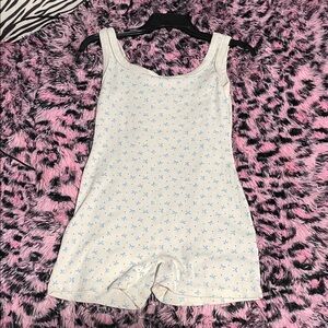 White Tank Romper with Light Blue Micro Bow Print